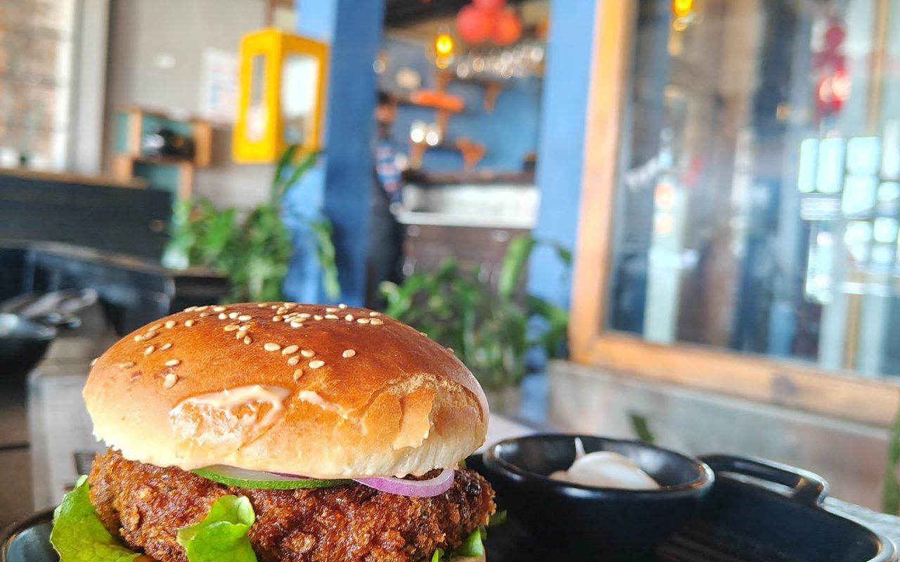 Burger and fries on a restaurant table
