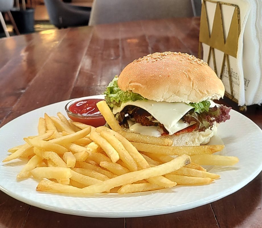 Burger and fries on a plate